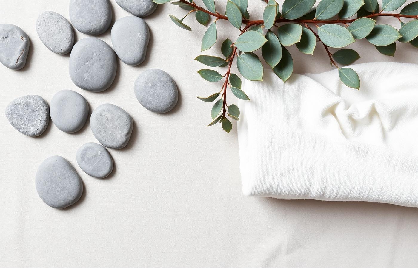 Stones, eucalyptus, and linens — calm wellness textures